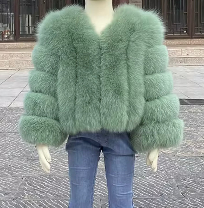 LITTLE DOLLERINAS MUSTY GREEN FOX FUR COAT