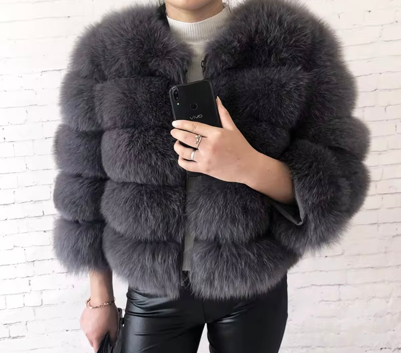 DOLLERINAS DARK GREY 5 ROW FOX FUR COAT