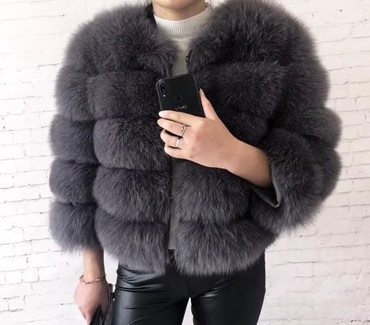 DOLLERINAS DARK GREY 5 ROW FOX FUR COAT