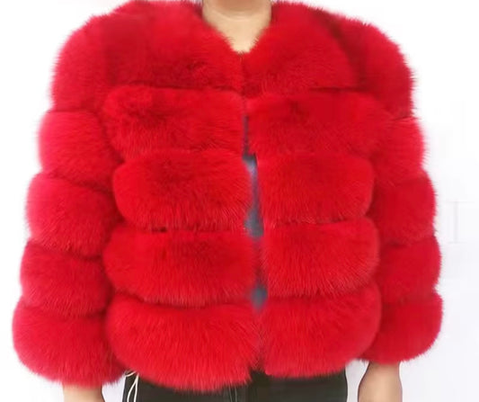 DOLLERINAS CHERRY RED 5 ROW FOX FUR COAT