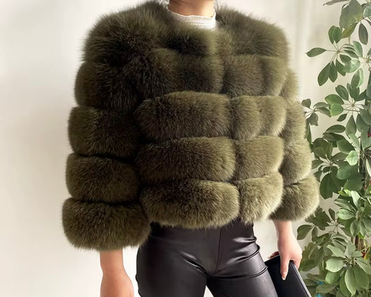 DOLLERINAS ARMY GREEN 5 ROW FOX FUR COAT