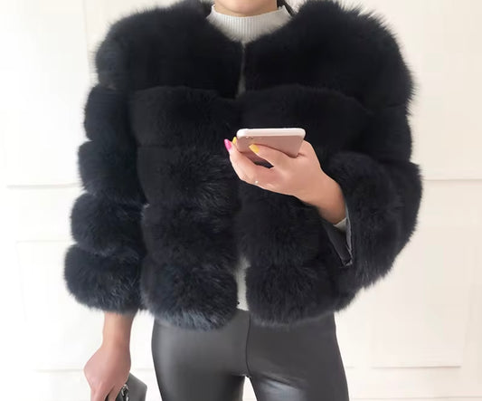 DOLLERINAS BLACK 5 ROW FOX FUR COAT
